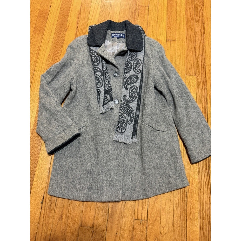 Herman Kay Women's Wool Blend Coat Size 12 Gray Button Front with Attached Scarf